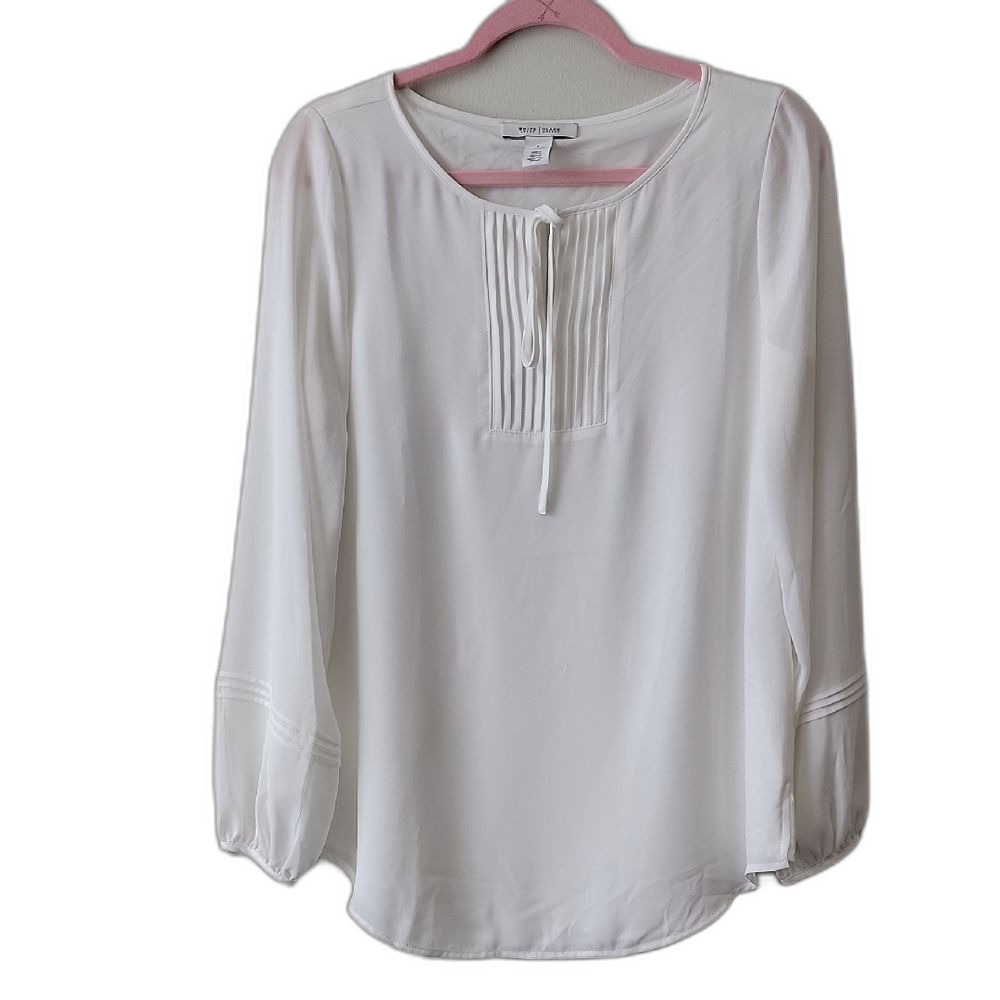 White House Black Market White Pleated Blouse Long Sleeve Lined Size 4 Coastal